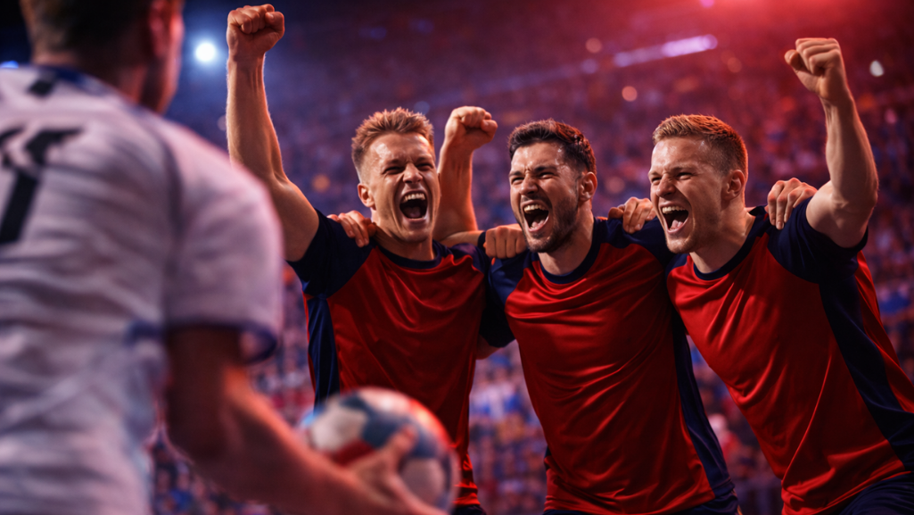 Jubelnde Handballspieler in roten Trikots feiern gemeinsam auf dem Spielfeld, während ein gegnerischer Spieler mit Ball im Vordergrund steht, im Hintergrund eine volle, stimmungsgeladene Halle.
