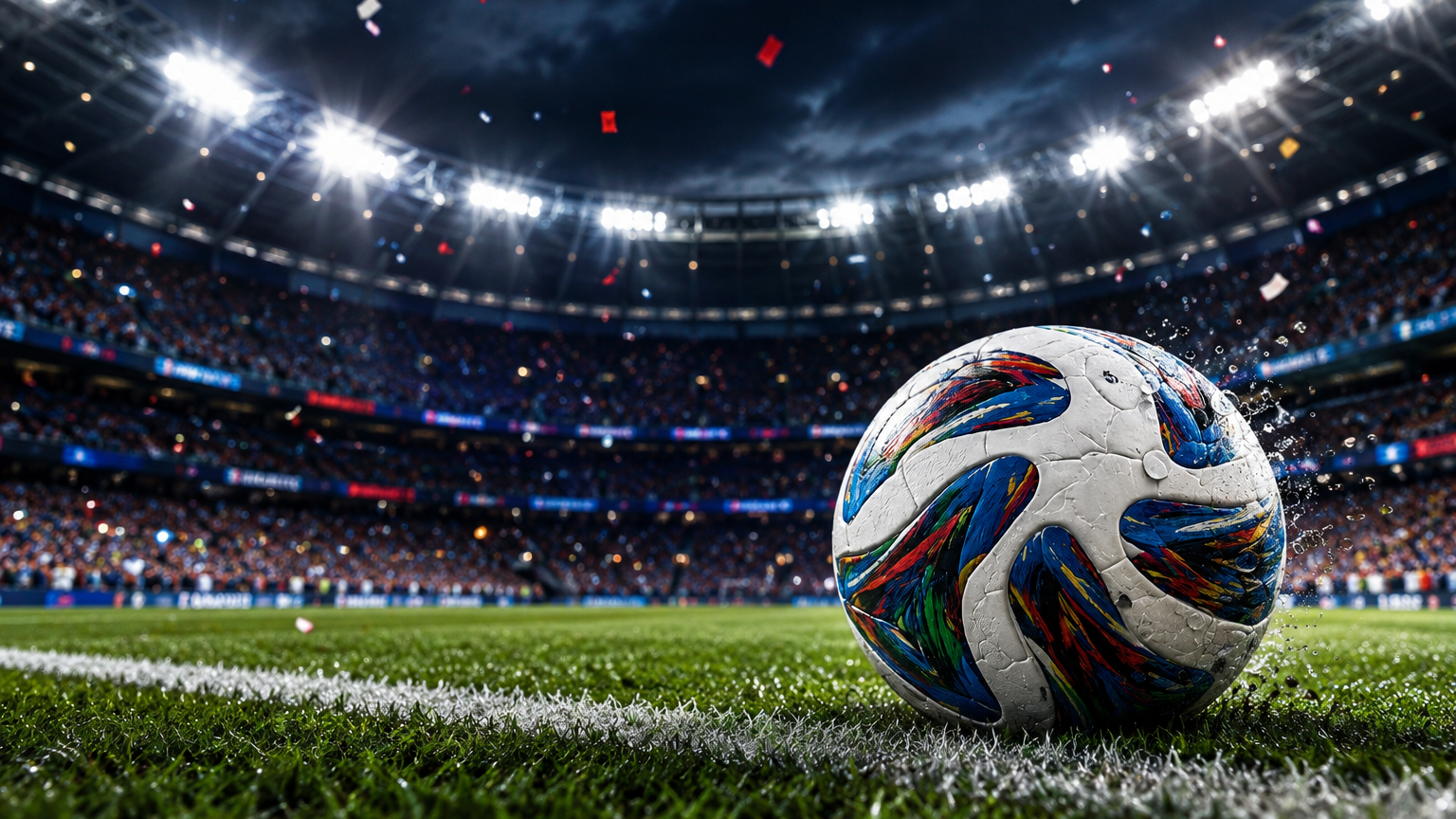 Fußball liegt auf dem Rasen eines großen Stadions in Flutlichtatmosphäre