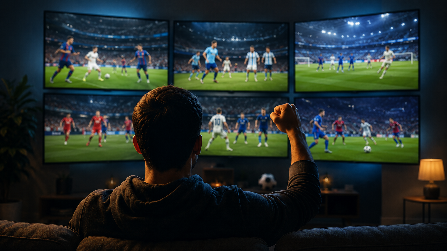 Mann sitzt jubelnd vor 6 Monitoren und schaut die Spiele der Gruppenspiele der WM 2026